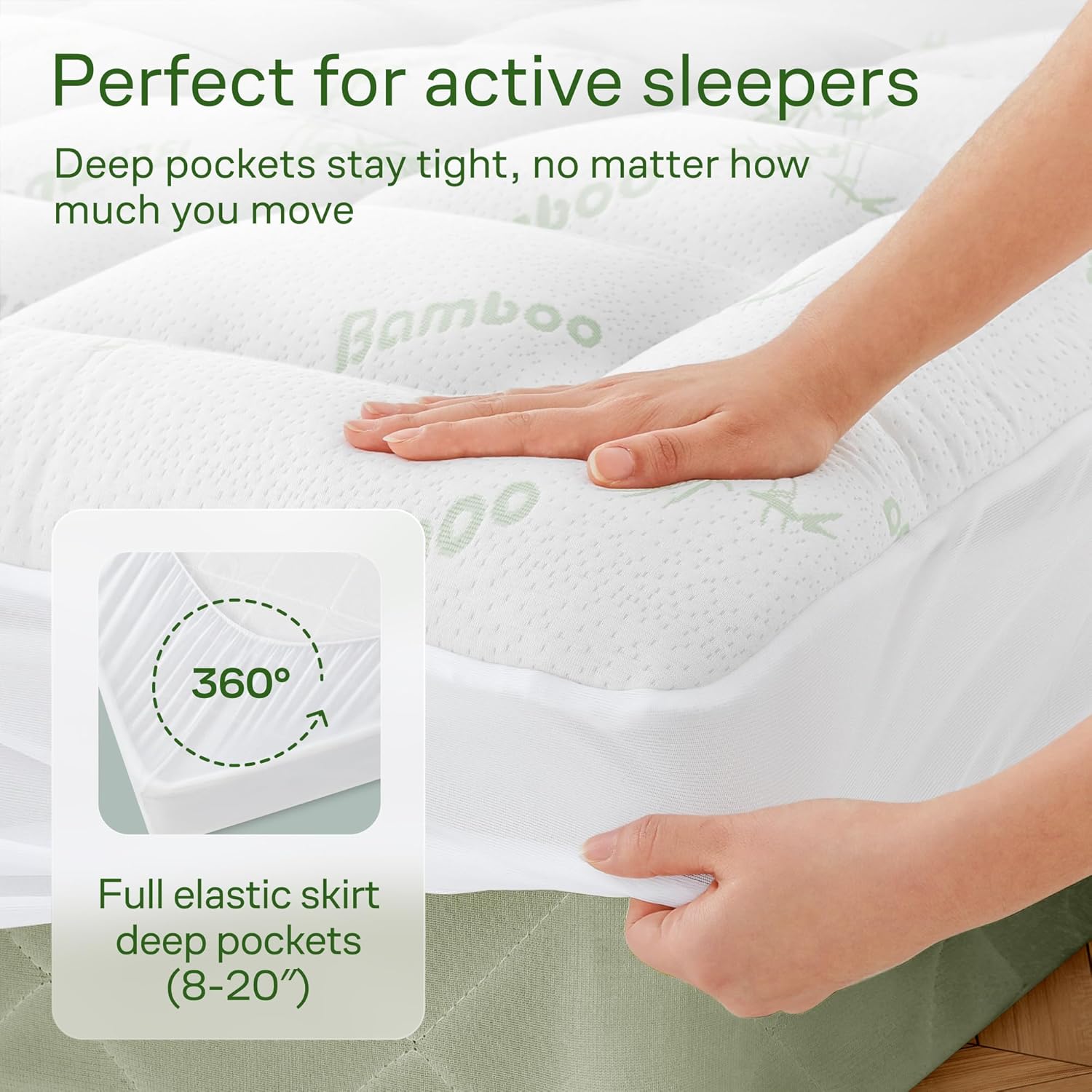 Niagara Sleep Solution Ultra Soft Queen Size Mattress Topper - Rayon Derived from Bamboo Pillow Top Mattress Pad for Back Pain Relief - Naturally Cooling for Hot Sleepers, Green - Image 5