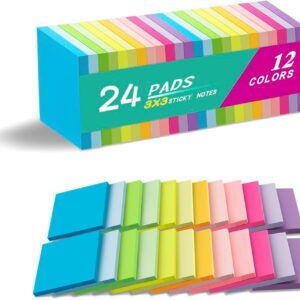 (24 Pads) Sticky Notes 3×3 Inches,Bright Colors Self-Stick Pads, Easy to Post for Home, Office, Notebook
