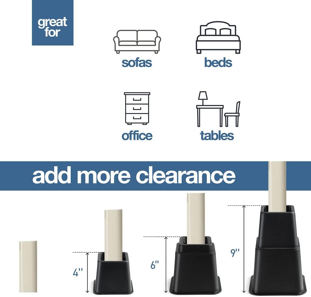 Home It Adjustable Bed Risers - Elevation in 3, 5 or 8 Inch - Heavy Duty Stackable Furniture Risers Supports 1,300 lbs - for Under-Bed Storage, College Dorms, Table and Couch, 4 Pack Bed Lifts Black - Image 5