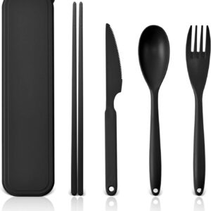 Large Reusable Travel Utensils Set with Case, Plastic Set for Adults Travel Picnic Camping, Portable Flatware Cutlery Set with Chopsticks for Daily Use(Black)