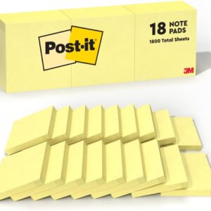 Post-it Notes, 3 in x 3 in, 18 Sticky Notes Pads, 100 Sheets per Pad, The Iconic Canary Yellow Note, School Supplies and Oﬃce Products