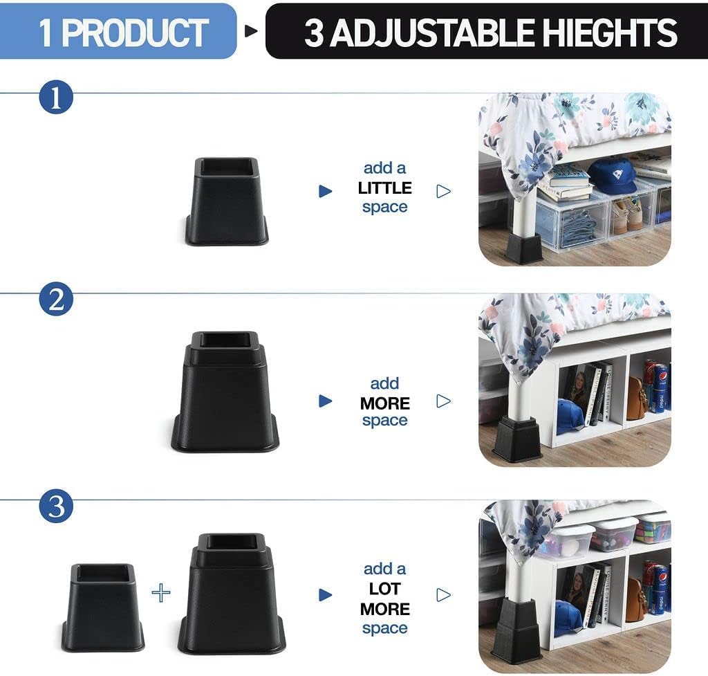 Home It Adjustable Bed Risers - Elevation in 3, 5 or 8 Inch - Heavy Duty Stackable Furniture Risers Supports 1,300 lbs - for Under-Bed Storage, College Dorms, Table and Couch, 4 Pack Bed Lifts Black - Image 3