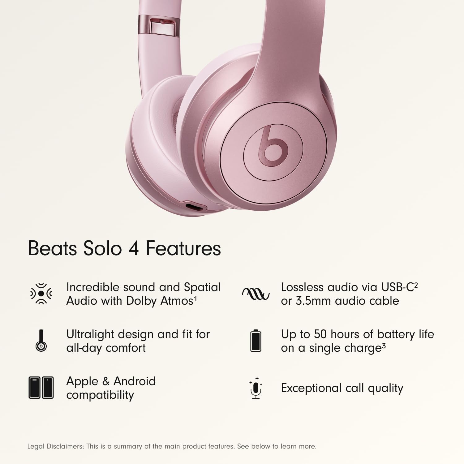 Beats Solo 4 - Wireless On-Ear Bluetooth Headphones, Up to 50-Hour Battery Life, Ultra-Lightweight Comfort, Powerful and Balanced Sound, Apple & Android Compatible - Amazon Exclusive Metallic Pink - Image 2