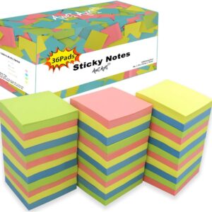 Sticky Notes 3×3, Self-Stick Notes, 36 Pads, 100 Sheets/Pad, Assorted Colors Stickies, Easy to Post Notes for Study, Works, Daily Life (36)