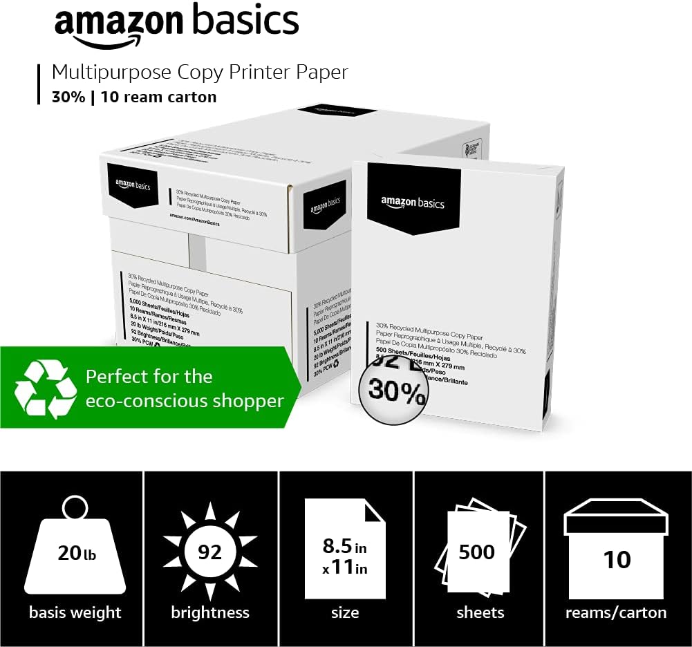 Amazon Basics 30% Recycled Multipurpose Copy & Print Paper, 8.5 x 11 Inches, 20 lb Weight, 92 Bright, White, FSC Certified, 5000 Sheets (10 Reams) - Image 3