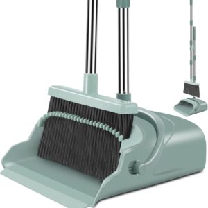 Upgrade Broom and Dustpan Set, Large Size and with Long Handle, Upright,Ideal for Indoor Outdoor Garage Kitchen Room Office Lobby Use (Green)