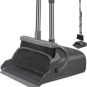 Broom and Dustpan Set for Home, Office, Indoor&Outdoor Sweeping, Stand Up Broom and Dustpan (Black&Gray)