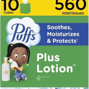 Puffs Facial Tissues Plus Lotion, 10 Cube Boxes, 56 Facial Tissues per Box, Allergies and Colds (Packaging May Vary) (Packaging May Vary)