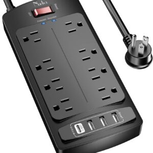 Surge Protector Power Strip – Nuetsa Flat Plug Extension Cord with 8 Outlets and 4 USB Ports, 6 Feet Power Cord, 2700 Joules, ETL Listed, Black