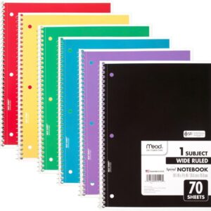 Mead Spiral Notebook, 6 Pack, 1 Subject, Wide Ruled Paper, 7-1/2″ x 10-1/2″, 70 Sheets per Notebook, Colors Will Vary (930201-ECM25)