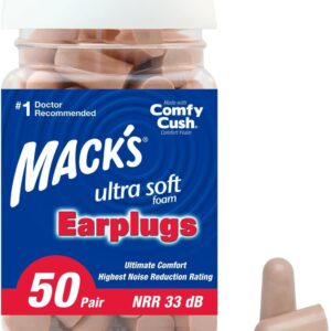Mack’s Ultra Soft Foam Earplugs, 50 Pair – 33dB Highest NRR, Comfortable Ear Plugs for Sleeping, Snoring, Travel, Concerts, Studying, Loud Noise, Work | Made in USA
