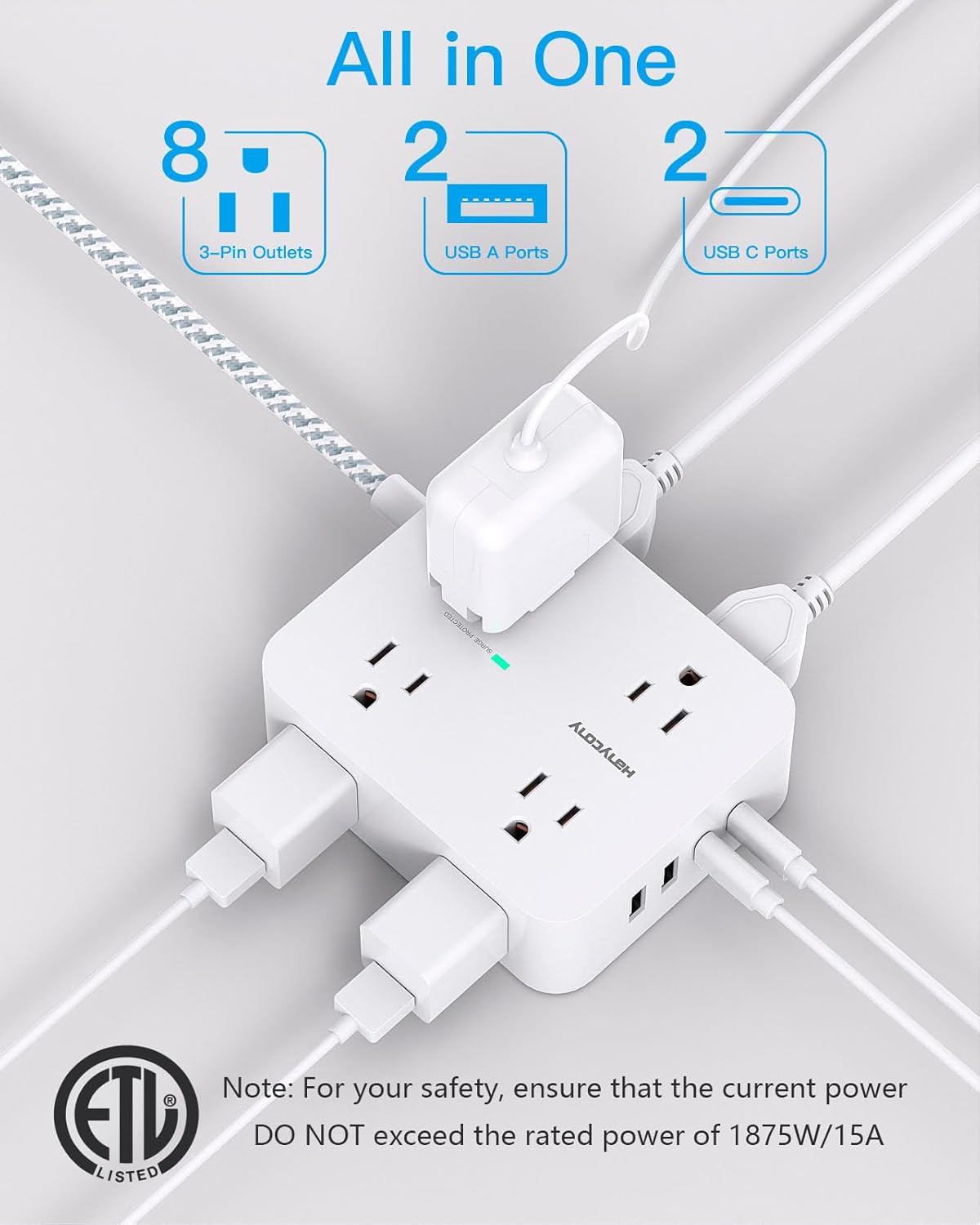 Surge Protector Power Strip - HANYCONY 8 Outlets 4 USB (2 USB C) Charging Ports, Multi Plug Outlet Extender, 5Ft Braided Extension Cord, Flat Plug Wall Mount Desk Charging Station for Home Office ETL - Image 2