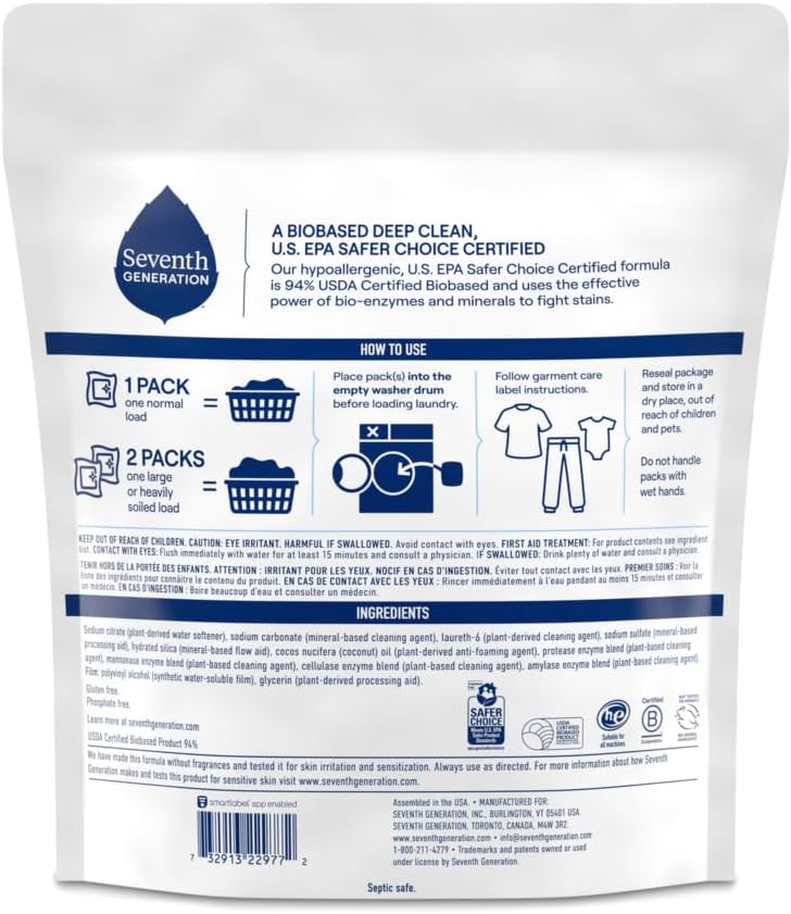 Seventh Generation Laundry Detergent Packs, Free & Clear, 90 Loads (2 pouches, 45 Ct EA) - Image 2