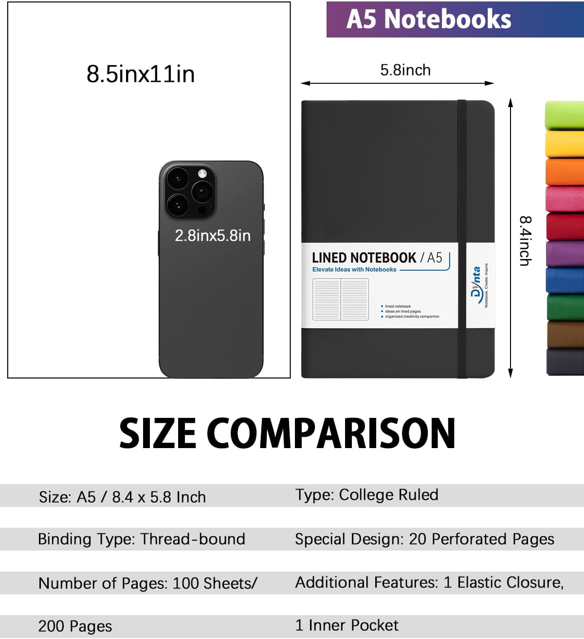 Dynta Hardcover Journal Notebooks, 10 Packs A5 Lined Journals Bulk for Writing 200 Pages/100Sheets, 8.4 x 5.8 inch, 10 Colors Classic Ruled Notebook for Work/Travel/College/Note Taking - Image 2