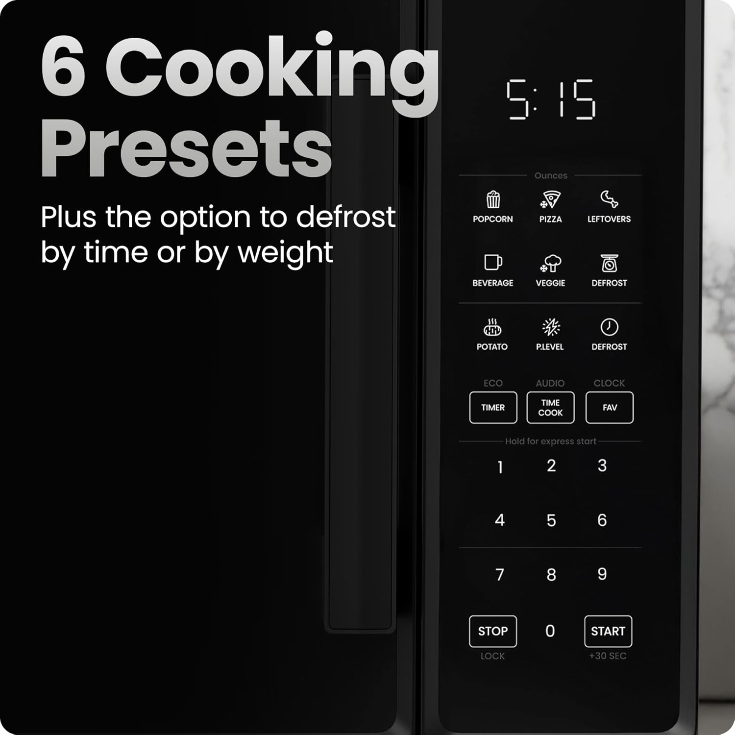 Chefman Countertop Microwave Oven 1.1 Cu. Ft., 1000 Watts with 10 Power Levels, 6 Cooking Presets with One-Touch Express Cook, Eco Mode, Child Safety Lock, & Mute Button - Black - Image 3