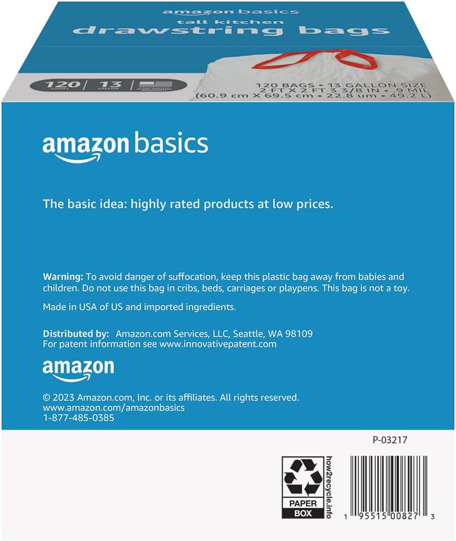 Amazon Basics Tall Kitchen Drawstring Trash Bags, Sturdy and Tear Resistant, 13 Gallon, Unscented, 120 Count - Image 2
