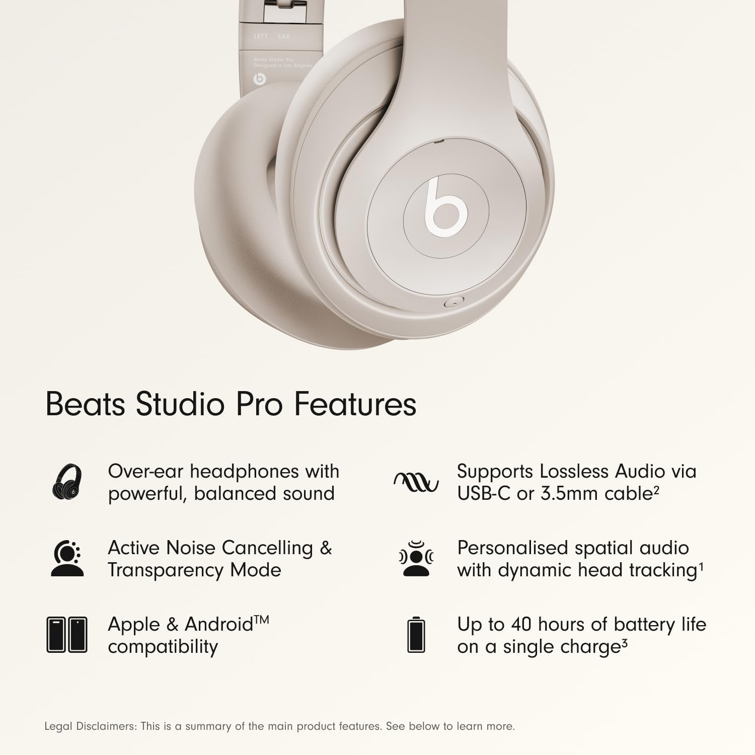 Beats Studio Pro Premium Wireless Over-Ear Headphones- Up to 40-Hour Battery Life, Active Noise Cancelling, Great for Travel & Commuting, USB-C Lossless Audio, Apple & Android Compatible - Sandstone - Image 2