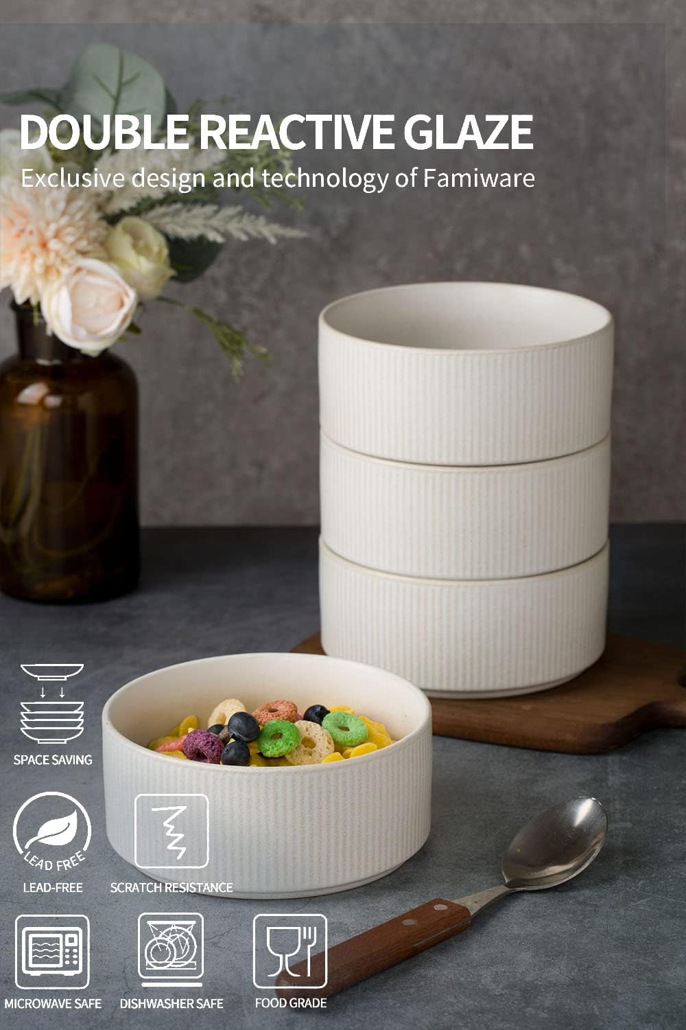 famiware Star Cereal Bowl Set, Soup Bowls Set of 6, Double Reactive Glaze, Stackable, 23oz Deep Bowls Suitable for Cereal, Popcorn, Oatmeal, Dessert - Dishwasher and Microwave Safe, Matte White - Image 4