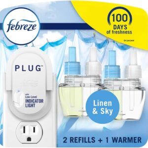 Febreze Plug In Air Freshener, Odor-Fighting Scented Oil Starter Kit, Air Fresheners for Home and Bathroom and Kitchen, Long Lasting for Strong Odors, Linen & Sky Scent, Warmer + 2 Refill