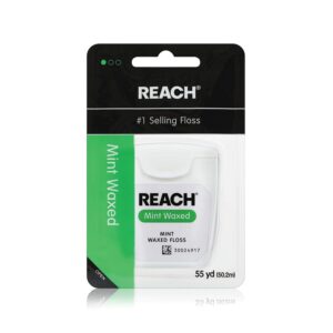 REACH Waxed Dental Floss, Mint, Plaque Remover for Teeth, Shred Resistant, Floss Slides Smoothly, Easy to Use, Waxed, Deep Cleaning Teeth, Oral Care, PFAS Free, for Adults & Kids, 1 Pack, 55 yd