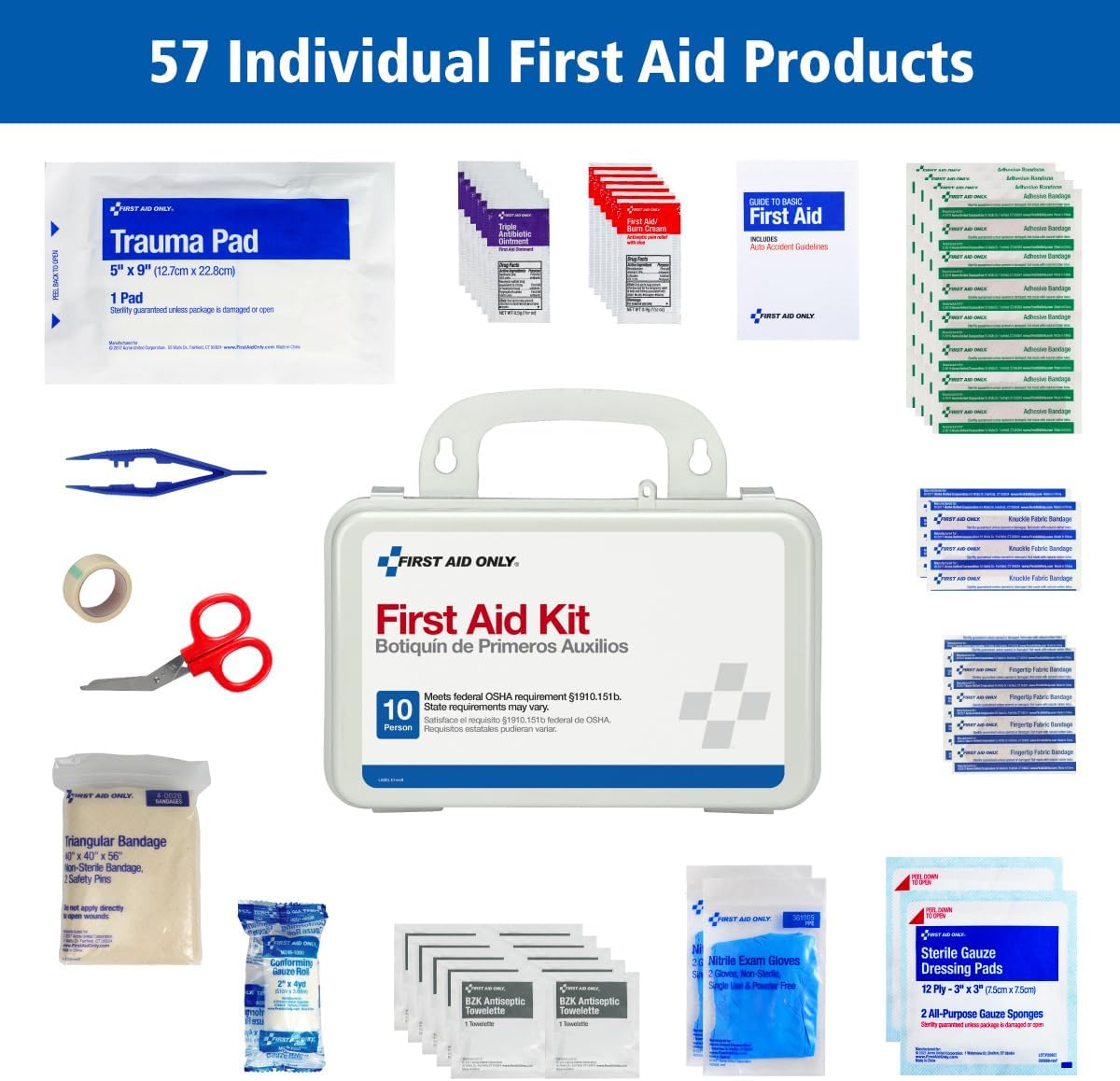 First Aid Only 6060 All-Purpose 10-Person Emergency First Aid Kit for Business, Worksite, Home, and Car, 57 Pieces - Image 3