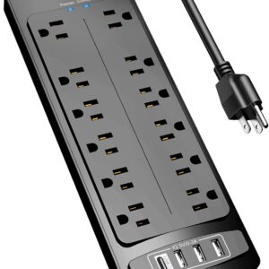 Power Strip, ALESTOR Surge Protector with 12 Outlets and 4 USB Ports, 6 Feet Extension Cord, 2700 Joules, ETL Listed, Black