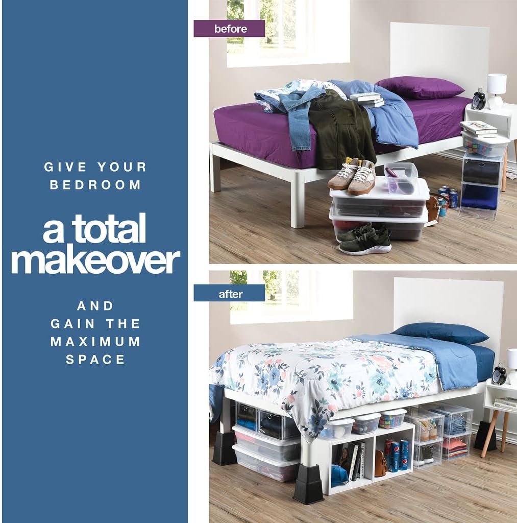 Home It Adjustable Bed Risers - Elevation in 3, 5 or 8 Inch - Heavy Duty Stackable Furniture Risers Supports 1,300 lbs - for Under-Bed Storage, College Dorms, Table and Couch, 4 Pack Bed Lifts Black - Image 6