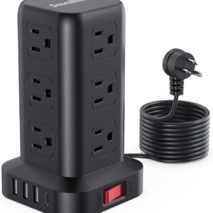 Extension Cord with Multiple Outlets, SMALLRT Surge Protector Power Strip Tower, 10FT Outlet Extender with 12 AC Outlets 4 USB, Power Strip with USB Ports for Home Office Dorm Room,Overload Protection