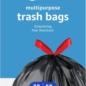 Amazon Basics Multipurpose Drawstring Trash Bags, 30 Gallon Capacity, Tear Resistant, 50 Count (Previously Solimo)