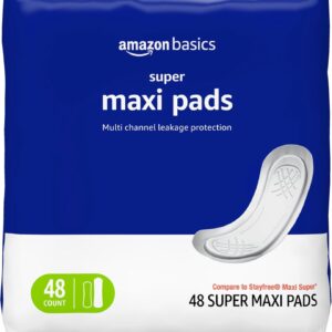 Amazon Basics Maxi Pads For Periods- Thick, Super Absorbency, Unscented, 48 Count, 1 Pack