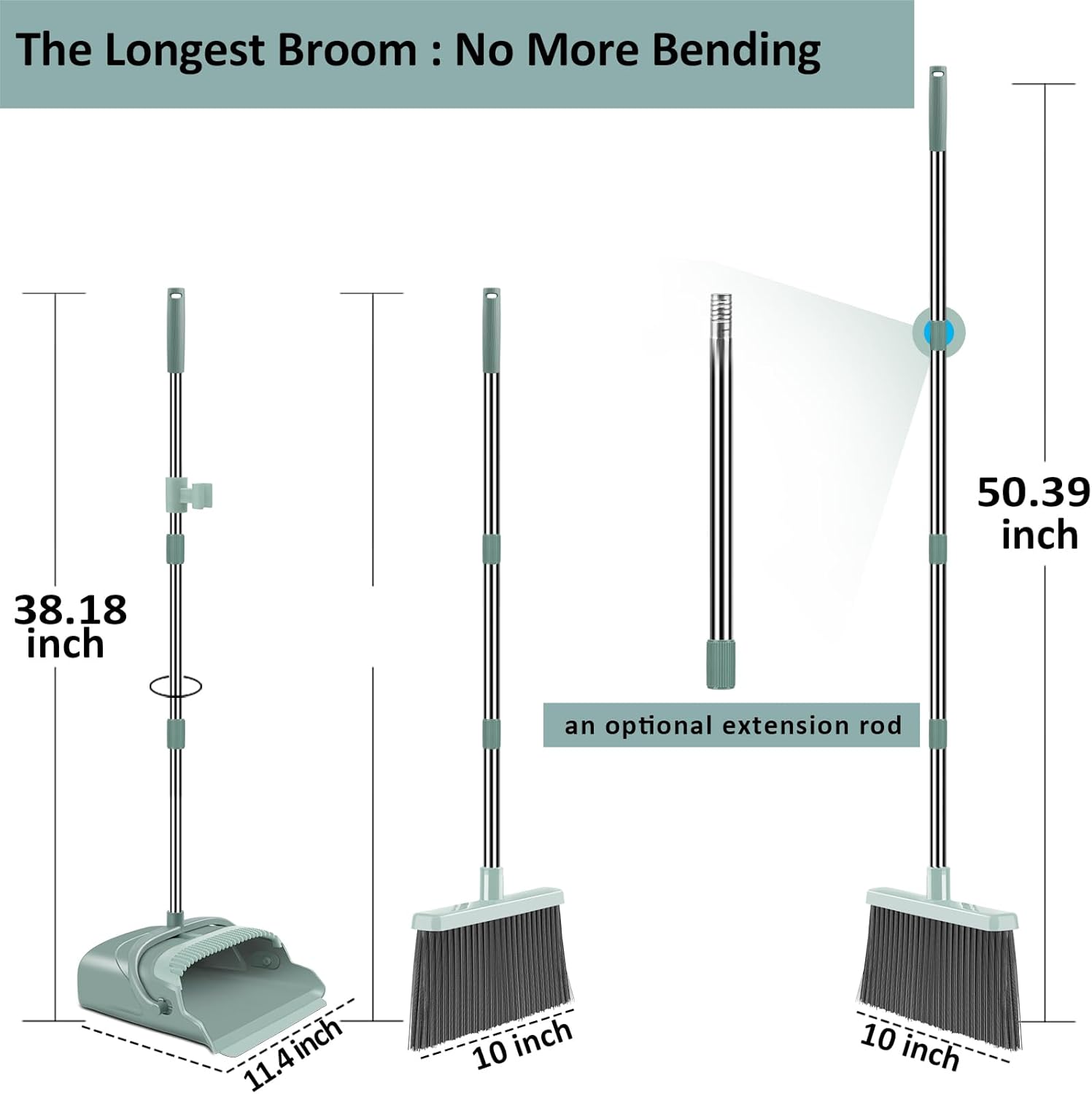 Upgrade Broom and Dustpan Set, Large Size and with Long Handle, Upright,Ideal for Indoor Outdoor Garage Kitchen Room Office Lobby Use (Green) - Image 2