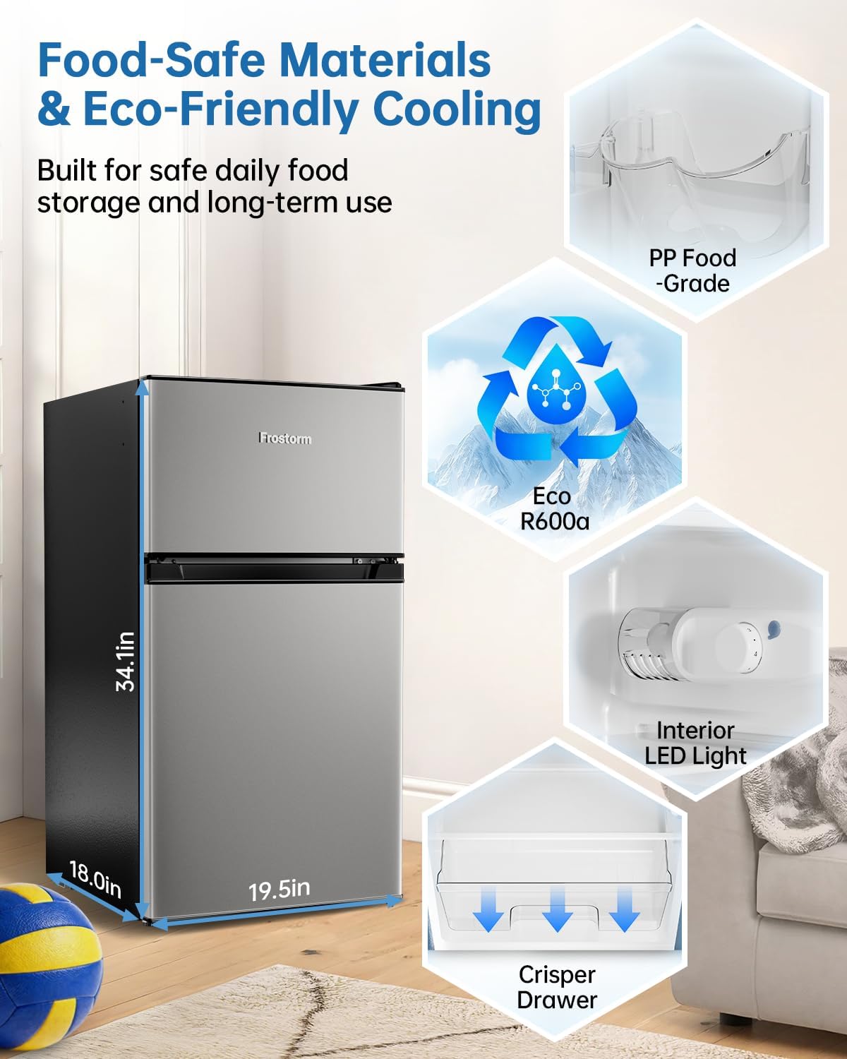 3.2 Cu Ft Mini Fridge with Freezer - Energy Efficient, Double Door Upright Freezer for Bedroom, Office & Dorm | Small Fridge, Glass Shelves,Interior Light,ETL Certified,etc(Silver) - Image 7