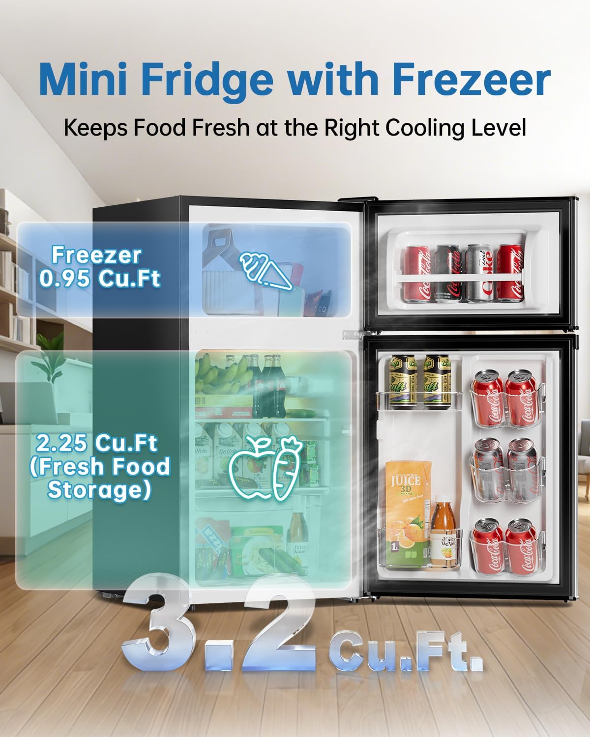3.2 Cu Ft Mini Fridge with Freezer - Energy Efficient, Double Door Upright Freezer for Bedroom, Office & Dorm | Small Fridge, Glass Shelves,Interior Light,ETL Certified,etc(Silver) - Image 3