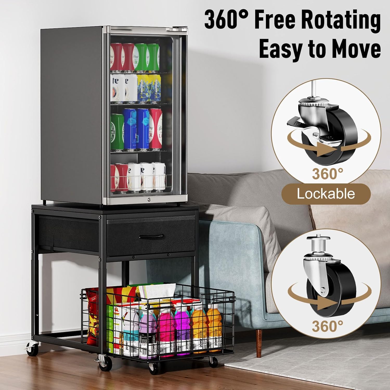 Housolution Mobile Mini Fridge Stand with Storage, Height-Adjustable Mini Beverage Fridge Table, Coffee Bar, 200 lbs Heavy-Duty Compact Refrigerator Shelf with Rolling Cabinet for Kitchen Home, Black - Image 4