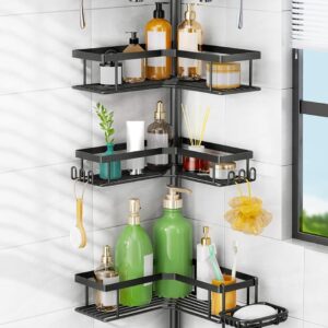 HAMITOR Shower Caddy Tension Pole: 4-Tier Corner Rustproof Bathroom Organizer with Soap Holder & Hooks – No-Drill Adjustable Shower Shelf for Renters – Family Stand Storage Rack – 47-123 Inch Black