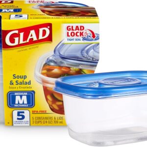 Glad GladWare Medium Rectangle Food Storage Containers with Lids, BPA Free Plastic for Soups Salads and Meal Prep, Airtight Leak Resistant, Microwave Dishwasher Freezer Safe, 24 Oz, 5 Count