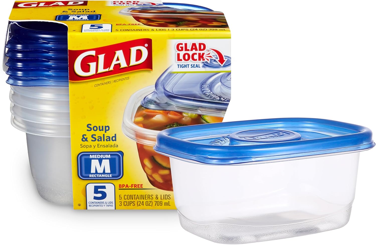 Glad GladWare Medium Rectangle Food Storage Containers with Lids, BPA Free Plastic for Soups Salads and Meal Prep, Airtight Leak Resistant, Microwave Dishwasher Freezer Safe, 24 Oz, 5 Count