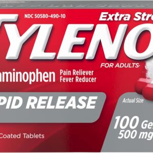 Tylenol Extra Strength Acetaminophen Rapid Release Gels, Fast, Strong Pain Relief, Fever Reducer, 500 mg Gelcaps with Laser‑Drilled Holes for Fast Release, OTC Medicine, 100 Count