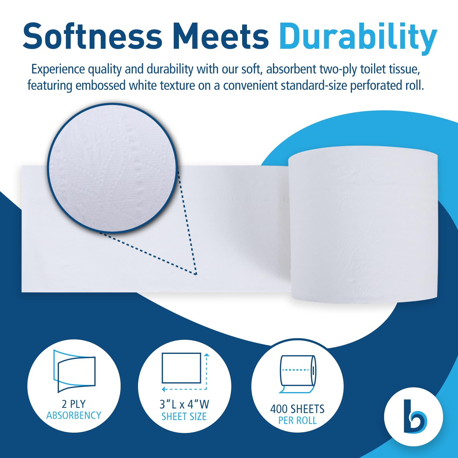 Boardwalk BWK6144 Two-Ply Toilet Tissue, White, 4" x 3" Sheet, 400 Sheets per Roll (Case of 96 Rolls) - Image 3