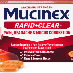 Mucinex Rapid Clear Maximum Strength Cold Medicine & Expectorant, Fever, Pain, Headache, & Excess Mucus Relief with Acetaminophen & Guaifenesin, Rapid Release Caplets for Adults, 20 Count