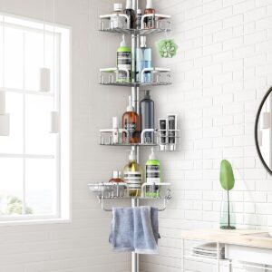 Corner Shower Caddy Tension Pole 4 Tier Adjustable Stainless Steel Shower Shelf for Inside Shower Bathtub Shampoo,Standing Bathroom Organizer Shelves with 39 to 113 inch Height