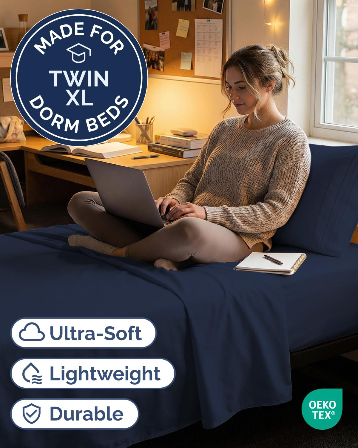 Twin XL Size 3 Piece Sheet Set - Comfy Breathable & Cooling Sheets - Hotel Luxury Bed Sheets for Women & Men - Deep Pockets, Easy-Fit, Soft and Wrinkle Free Sheets - Navy Blue Oeko-Tex Bed Sheet Set - Image 2