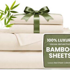 Love’s cabin 4 Piece Queen Sheet Set, 100% Rayon Derived from Bamboo, Cooling & Breathable, Soft Silky Deep Pocket up to 16″, Hotel Luxury Bedding for Hot Sleepers, Beige
