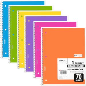 Mead Spiral Notebook, 6 Pack, 1 Subject, College Ruled Paper, 7-1/2″ x 10-1/2″, 70 Sheets per Notebook, Assorted Bright Colors (830050-ECM)