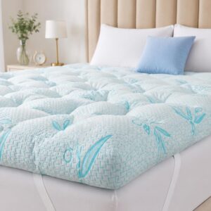 SHOUREN Memory Foam Mattress Topper King 4-5 Inch, 2100 GSM Pillow Top, Blue Bamboo-Viscose Cover, Plush Gel Memory Foam & 3D Fiber Fill, Elastic Straps, Machine Washable, 80×78