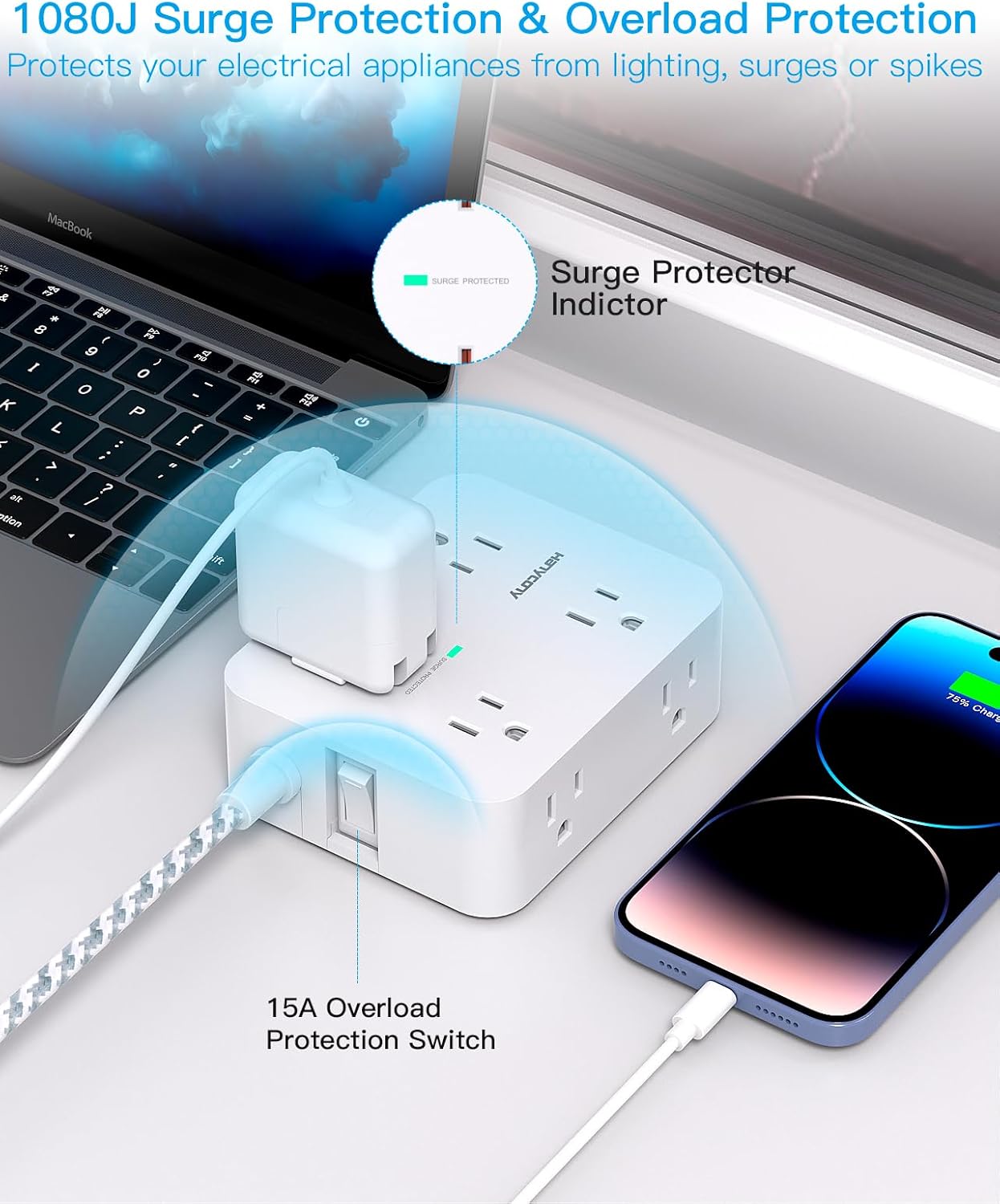 Surge Protector Power Strip - HANYCONY 8 Outlets 4 USB (2 USB C) Charging Ports, Multi Plug Outlet Extender, 5Ft Braided Extension Cord, Flat Plug Wall Mount Desk Charging Station for Home Office ETL - Image 3