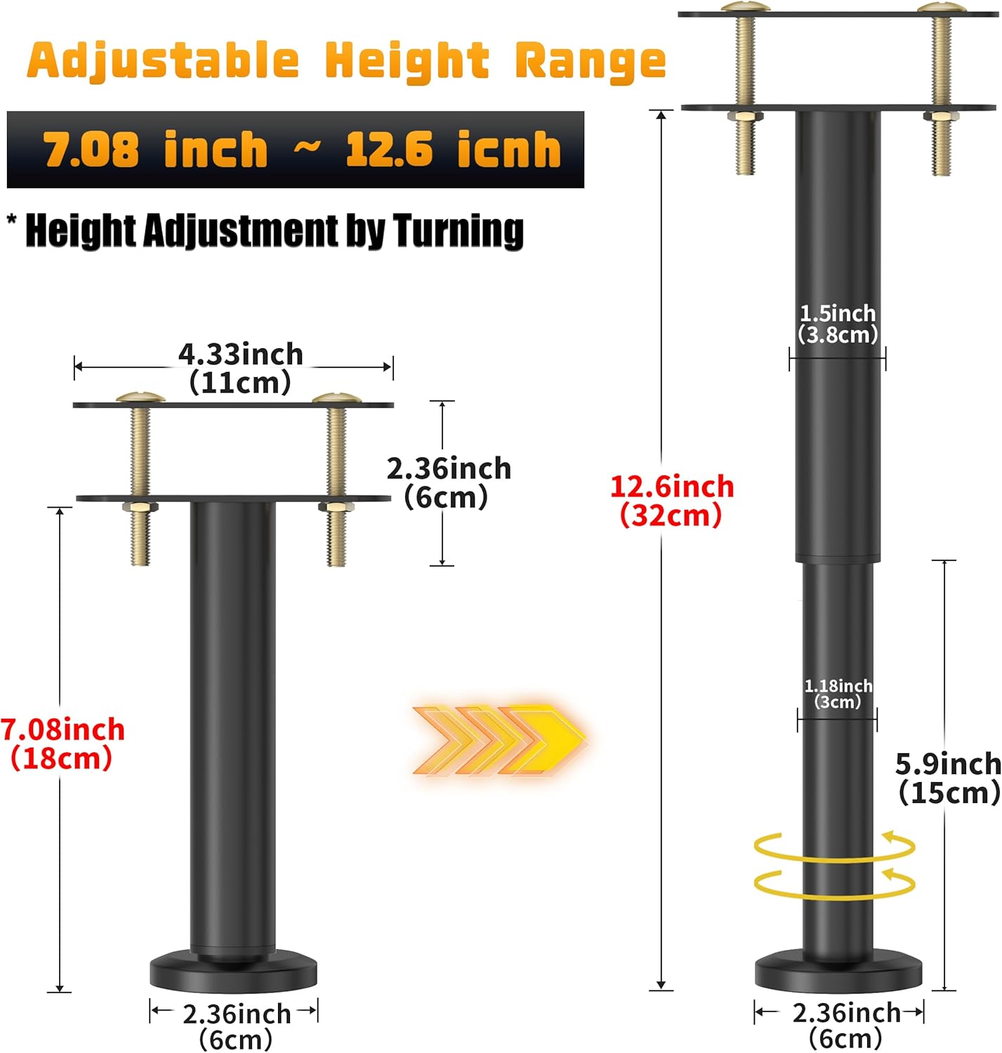 Wlrrcwdttc 4 Pcs Adjustable Height Bed Support Legs 7.08-12.6 inch, Bed Frame Center Support Legs for Bed Frame/Bed Center Slat/Furniture, Heavy Duty Metal Bed Replacement Legs Bed Slats Support Legs - Image 2