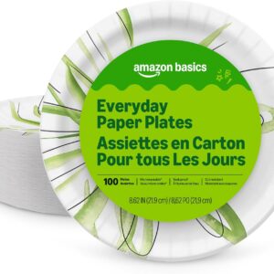 Amazon Basics Everyday Disposable Paper Plates, 8.62 Inch, Microwave-Safe, Cut Resistant, Soak-Proof, 100 Count, Packaging May Vary