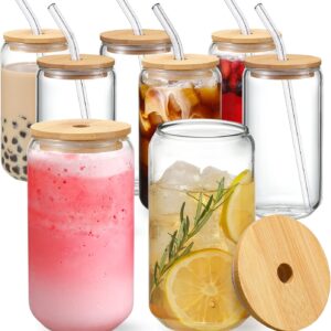 NETANY [ 8pcs Set ] Drinking Glasses with Bamboo Lids and Glass Straw – 16oz Glass Cups, Beer Glasses, Iced Coffee Glasses, Cute Tea Cup, Ideal for Cocktail, Whiskey, Gift – 2 Cleaning Brushes