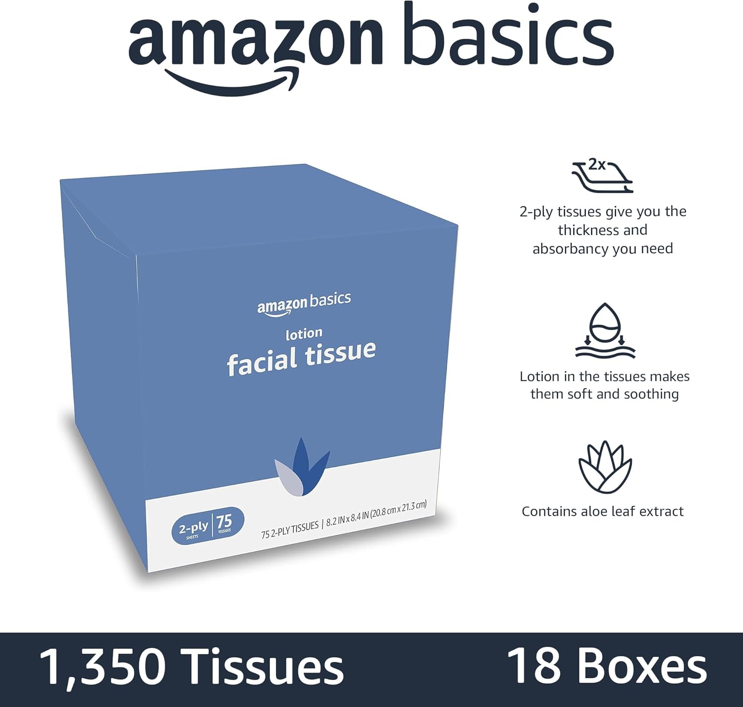 Amazon Basics Facial Tissues with Lotion, 2-Ply, 1350 Count (18 Packs of 75), Cube Box, (Packaging May Vary) - Image 3